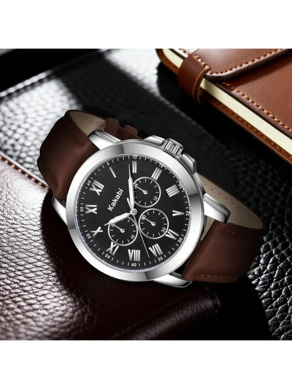 Men's Brown Black Analog Quartz Leather Classic Roman Numeral Waterproof Watch